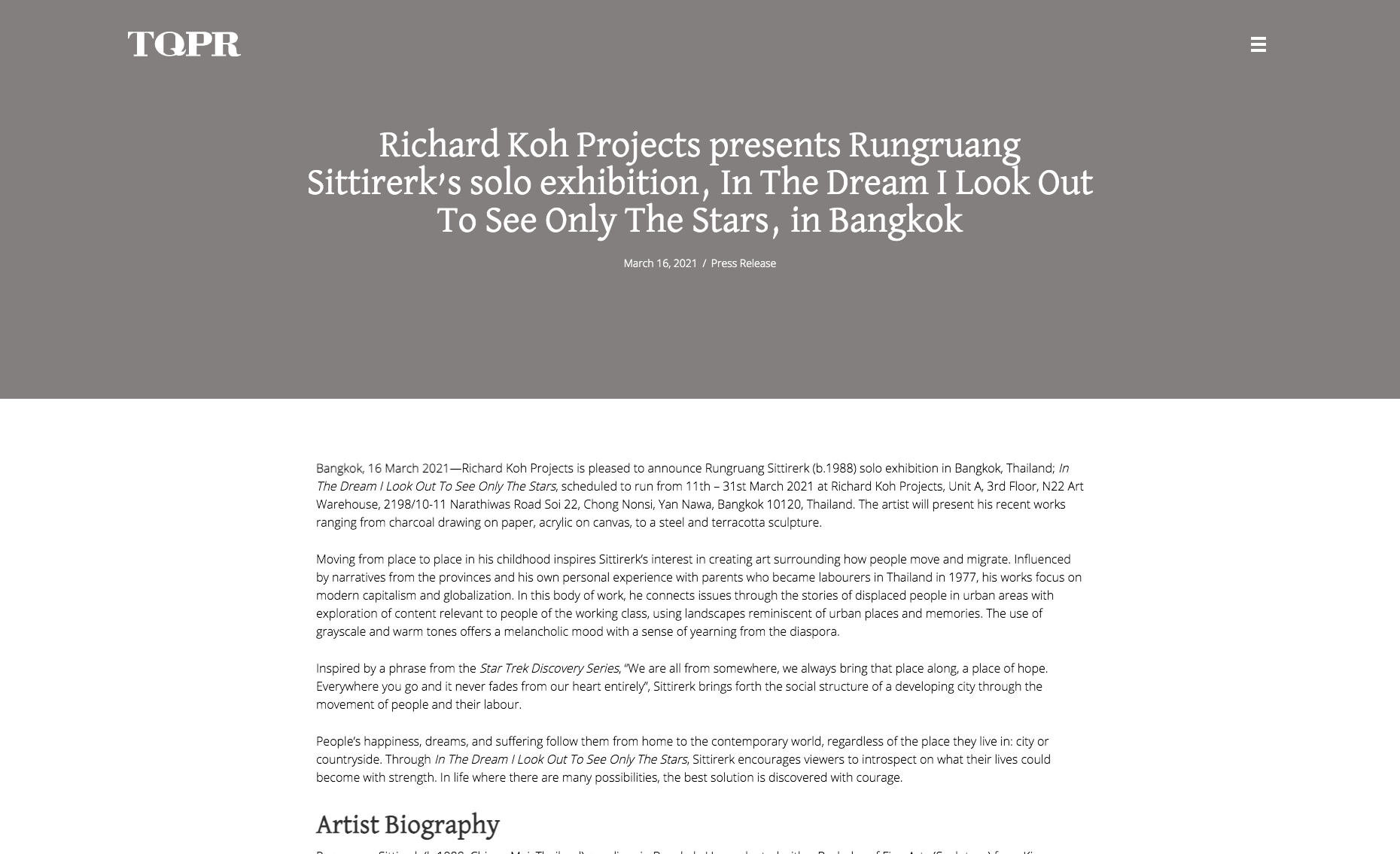 TQPR – Richard Koh Projects presents Rungruang Sittirerk’s solo exhibition, In The Dream I Look Out To See Only The Stars, in Bangkok