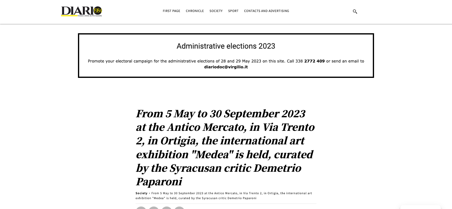 DIARIO – From 5 May to 30 September 2023 at the Antico Mercato, in Via Trento 2, in Ortigia, the international art exhibition “Medea” is held, curated by the Syracusan critic Demetrio Paparoni