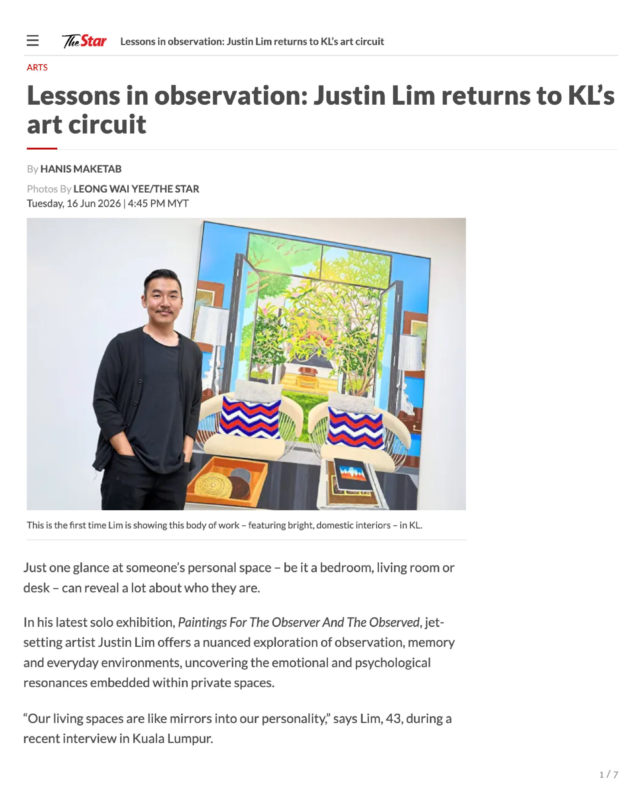 The Star – Lessons in observation: Justin Lim returns to KL’s art circuit